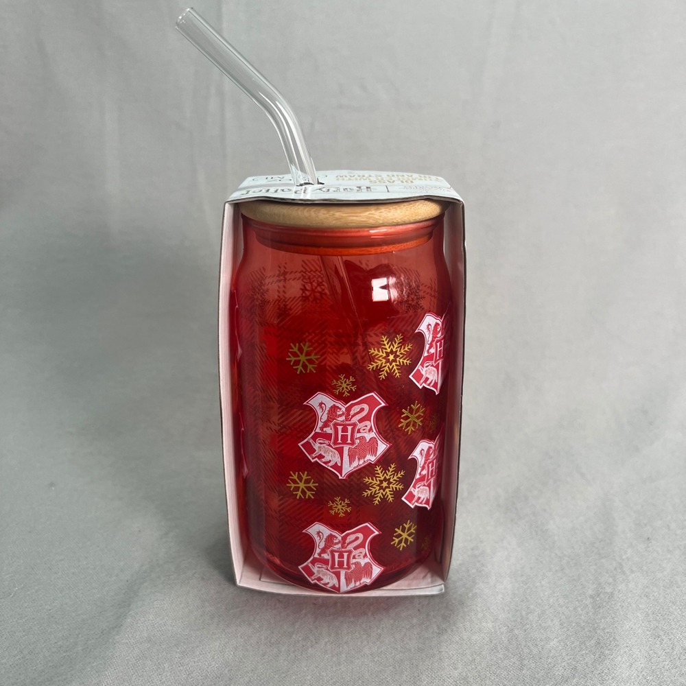 Harry Potter Hogwarts Red Glass‎ Tumbler Bamboo Lid Glass Straw 16oz Crests/Snow